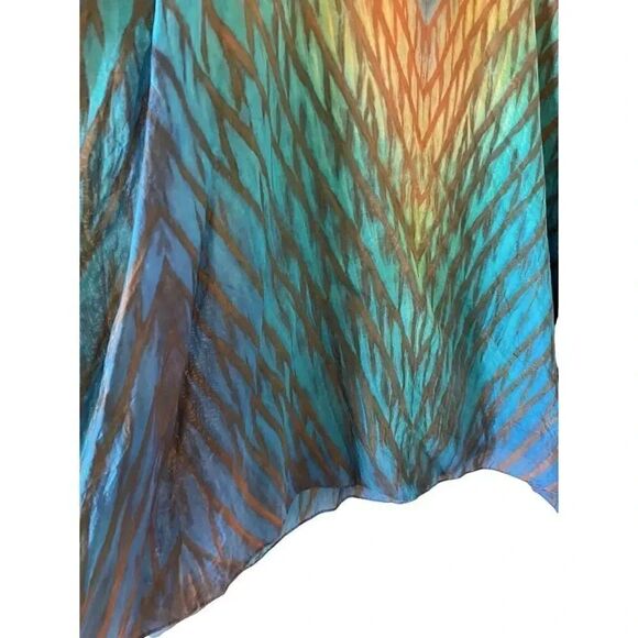 Cathayana Shibori Silk Poncho in Blue Turquoise Green Yellow and Browns - Picture 4 of 8